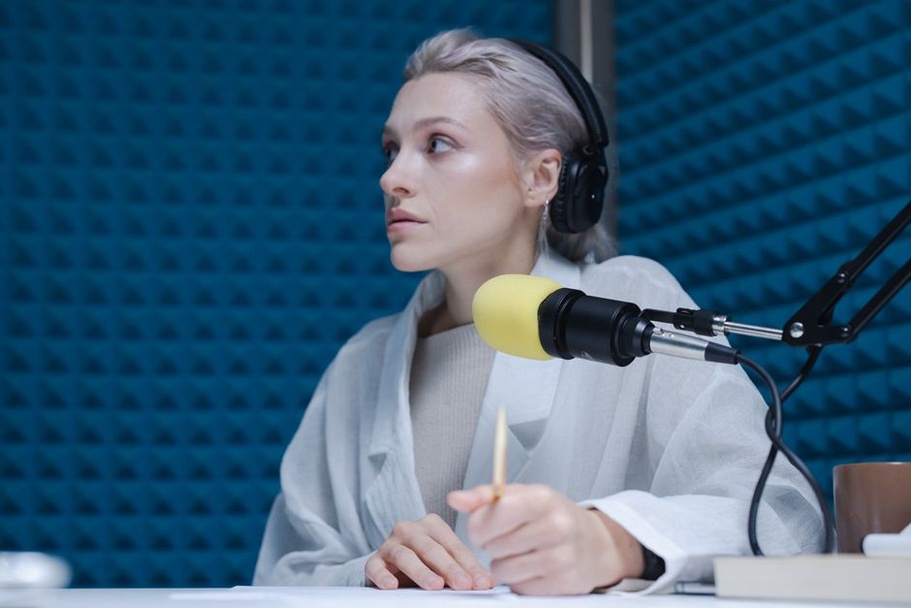 Microphone positioned for a voice recording session